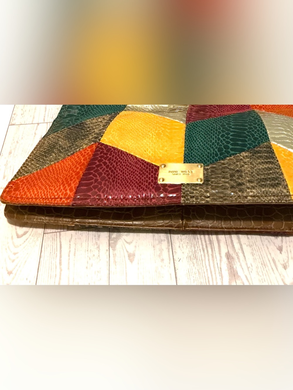 Nine West Multicolor Faux Snake Print Patchwork Clutch with Gold Accents - Picture 3 of 12